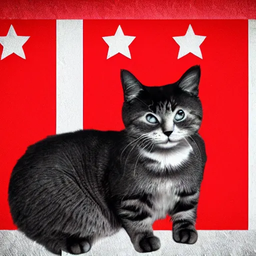 Prompt: a cat clenching his fist in front of the communist flag staring at the horizon