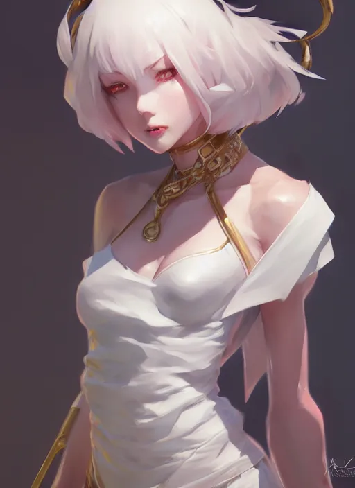 Prompt: leblanc, wide angle view, white, black, blue, pink, gold, highly detailed, artgerm, cushart krenz, zeronis, sakimichan, trending on artstation, soft light, sharp edges, illustration, character design, concept art