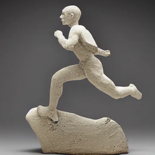 Prompt: beautiful organic ceramic sculpture of person running away from something, in a gallery setting, influenced by piotr jabłonski and norman rockwell. professional studio photo, full object in middle, well centered, 3 5 mm, high definition