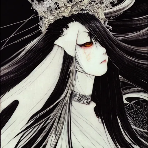 Prompt: yoshitaka amano blurred and dreamy illustration of an anime girl with black eyes, wavy white hair fluttering in the wind wearing elden ring armor and crown with engraving, abstract black and white patterns on the background, highly detailed face, noisy film grain effect, highly detailed, renaissance oil painting, weird portrait angle, blurred lost edges, three quarter view