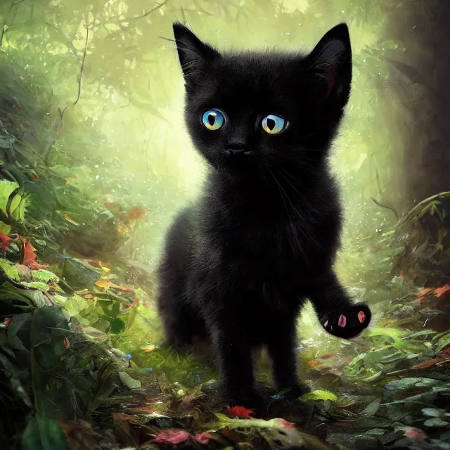 Image similar to a beautiful painting of a cute black kitten in a forest. big eyes. pixar character design by cory loftis, fenghua zhong, ryohei hase, ismail inceoglu and ruan jia. artstation, volumetric light, detailed, photorealistic, rendered in octane