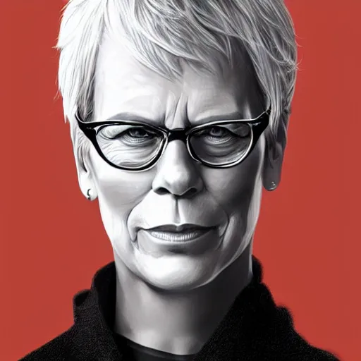 Image similar to jamie lee curtis, full body, tired, serious, intelligent, powerful, white hair, fully clothed, wise, beautiful, by stanley artgerm, soft lighting, trending on artstation, flat colour