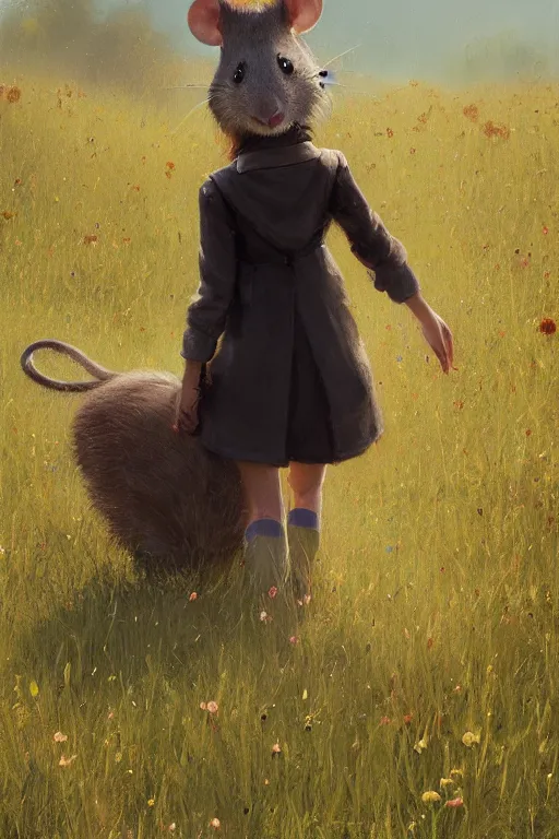 Prompt: a cute anthropomorphic rat girl wearing human clothes walking in a meadow, by craig mullins, detailed digital painting realism 8 k
