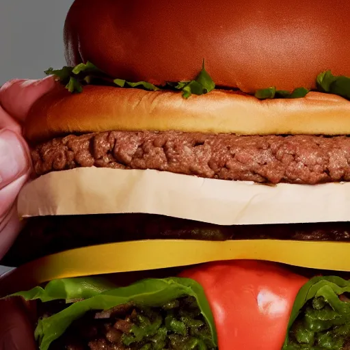 Image similar to photo still of donald trump! licking! a burger with his! tongue! out, mmmmm, studio portrait photo, studio lighting, rim light, key light, food photography, 3 5 mm f 1. 8