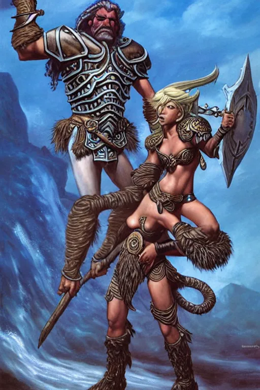 Image similar to a small blue-skinned triton girl wearing scale armor riding on a the shoulders of a large male goliath wearing fur and leather armor, dnd concept art, painting by Larry Elmore and ross tran