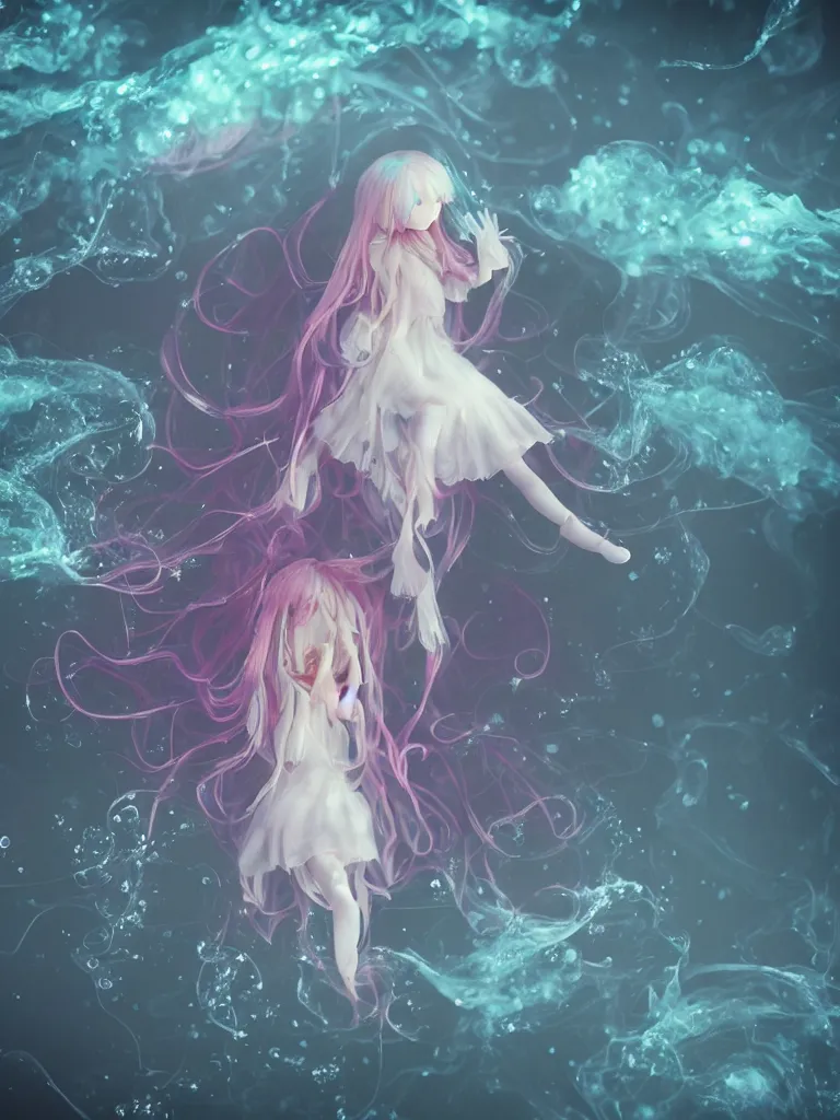 Image similar to cute fumo plush of an otherworldly translucent jellyfish goth girl floating in the deep sea, mysterious tattered maiden tendrils and dress, anime magical monster girl, heavy rain reflective water surface, glowing lens flare wraith girl, wisps of volumetric fog and smoke in refracted vortices, vignette, bokeh, vray