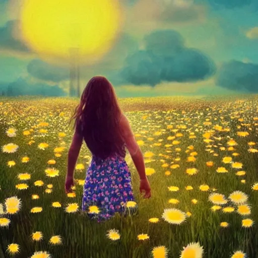 Image similar to head made of giant daisies, girl standing barefoot in a flower field, arms behind back, surreal photography, sunrise dramatic light, impressionist painting, colorful clouds, large sky, digital painting, artstation, simon stalenhag, flower face