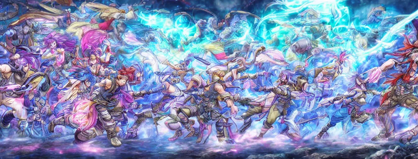 Prompt: a zoomed out panoramic view of rainbow soul ice spirits fighting on the battlefield. hyperrealistic anime background illustration by kim jung gi, colorful, extremely detailed intricate linework, smooth, super sharp focus, bright colors, high contrast, matte, octopath traveler, unreal engine 5 highly rendered, global illumination, radiant light