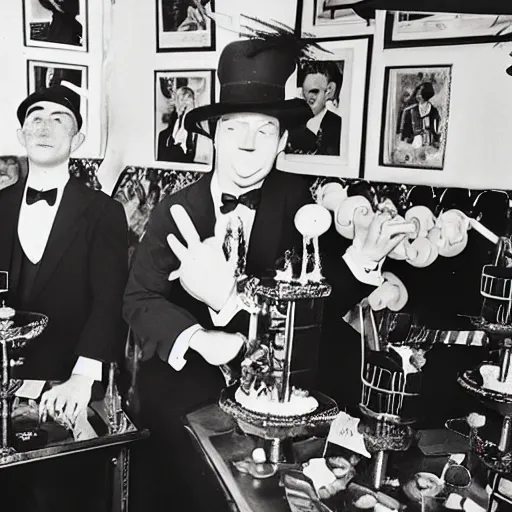 Prompt: 2 mobster bert and ernie, 1 9 2 0 s gansters, party and champagne fountain in the background, sesame street in the 1 9 2 0's, 3 5 mm film, black and white photography, artwork by nan goldin