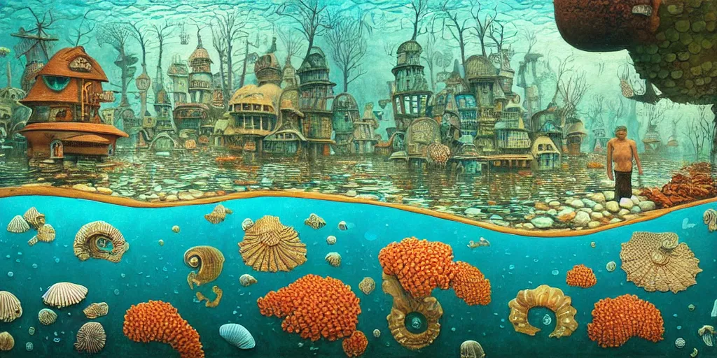 Image similar to underwater city inside!! the seashell, man in the swimming suit walks, seaweed, corals, carps, koi fish, small scandinavian!!! houses, little people!!!, by jacek yerka by levitan, surrealistic painting, masterpiece, oil painting, sharp focus, highly detailed, intricate, smooth, 8 k,