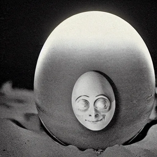 Prompt: an early 1 9 0 0 s photograph of an alien peeking out from a levitating luminescent alien egg on the beach, moonlight, at nighttime,