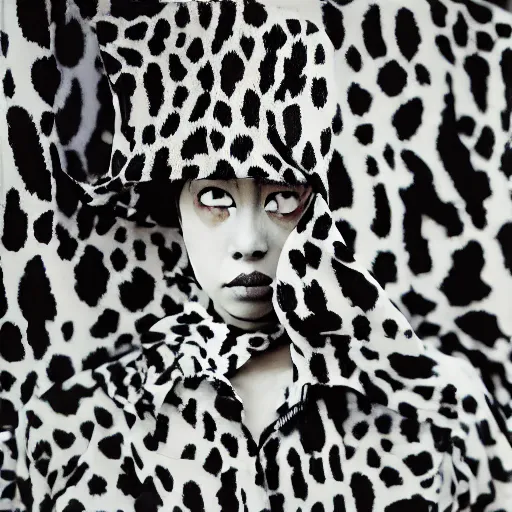 Image similar to photograph of a female model wearing camouflage by yohji yamaoto in the style of daido moriyama, camera obscura