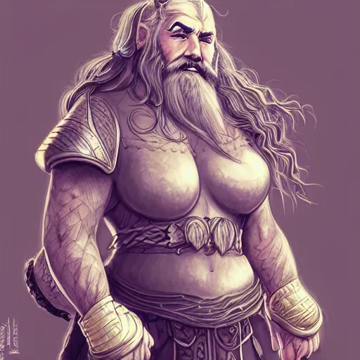 Prompt: elderly female feminine bearded dwarven heavyset fighter with curly long grey hairstyle, beard in intricate lengthy braids and wrinkled skin wearing full platemail armor by rossdraws