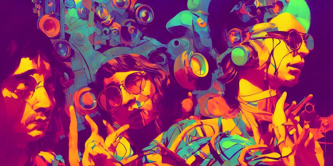 Image similar to duotone trippy 1 9 6 0 s lsd concept illustration of psychedelic hippy musicians. volumetric lighting. golden ratio accidental renaissance. by sachin teng and sergey kolesov and ruan jia and heng z. graffiti art, scifi, fantasy, hyper detailed. octane render. concept art. trending on artstation.