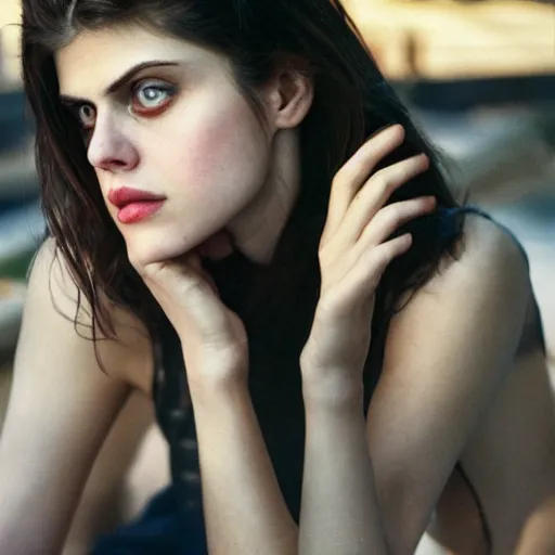 Image similar to closeup portrait of alexandra daddario in a smoky new york back street, photograph, natural light, magazine, press, photo, Steve McCurry, David Lazar