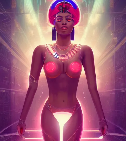 Image similar to symmetry!! egyptian princess of technology, solid cube of light, hard edges, product render retro - futuristic poster scifi, lasers and neon circuits, beautiful brown skin woman egyptian princess, intricate, elegant, highly detailed, digital painting, artstation, concept art, smooth, sharp focus, illustration, dreamlike, art by artgerm