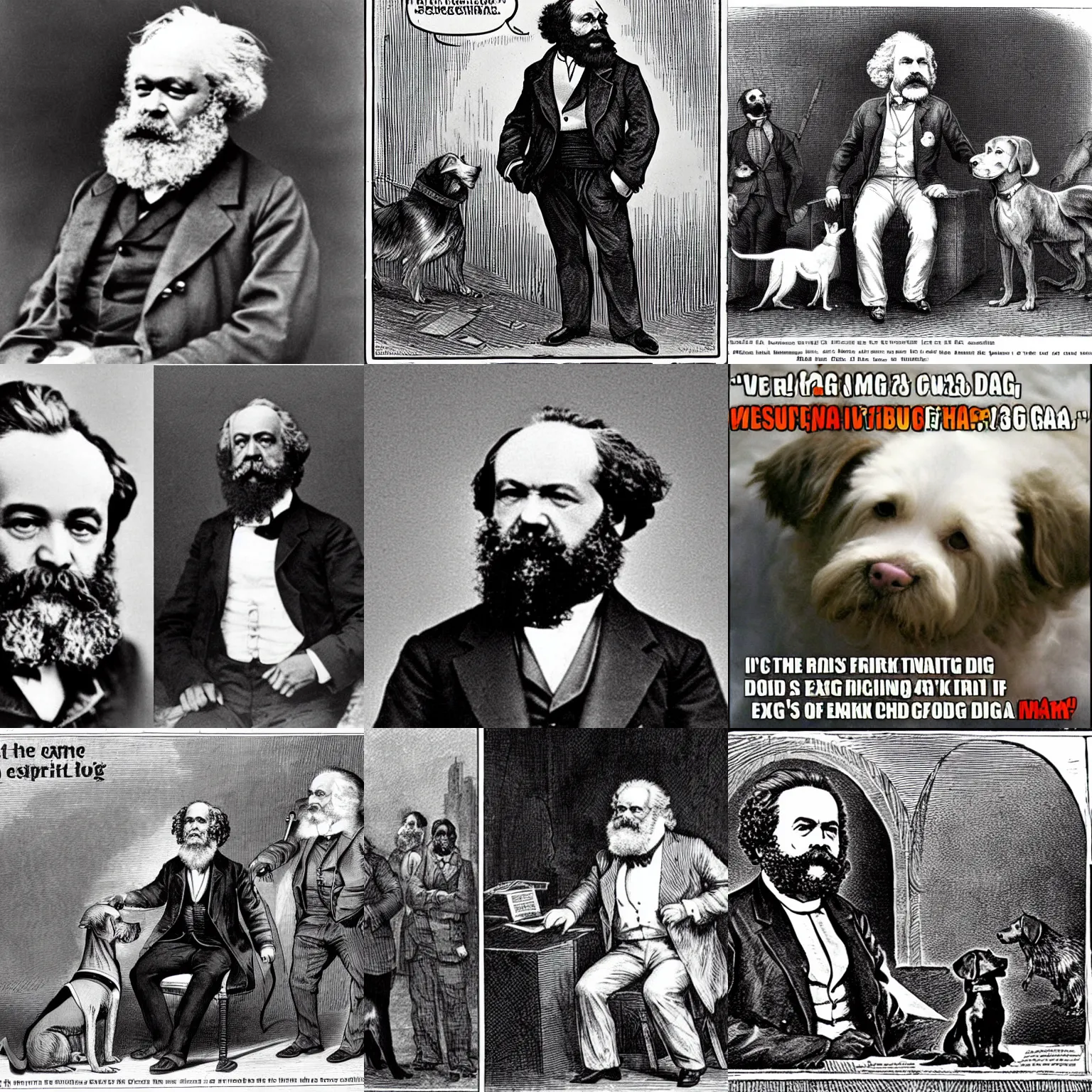 Prompt: karl marx as a dog, barking about the failures of capitalism and how the fat cats are creating a rat race of exploitation.