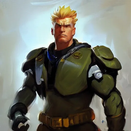 Image similar to greg manchess portrait painting of partially armored guile from street fighter as overwatch character, medium shot, asymmetrical, profile picture, organic painting, sunny day, matte painting, bold shapes, hard edges, street art, trending on artstation, by huang guangjian and gil elvgren and ross tran