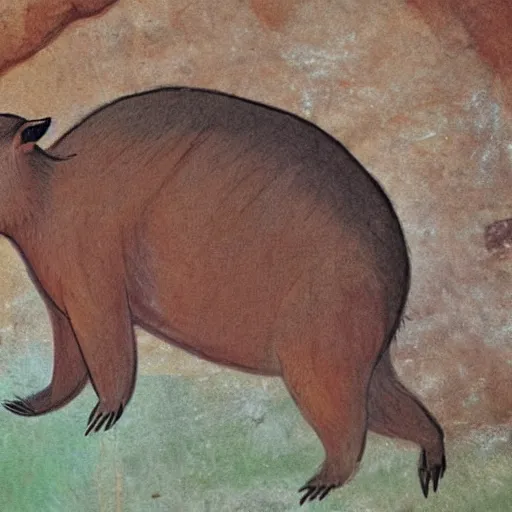 Prompt: a cave painting of a king capybara being worship
