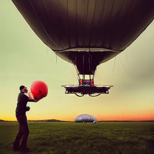 Prompt: “man trying to pump up inflate a large zeppelin blimp, highly detailed, dramatic lighting, Alex Pardee, Nekro Petros Afshar, James McDermott, cgsociety 4K”