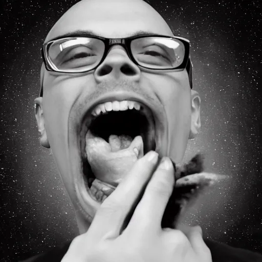 Prompt: Anthony Fantano taking a selfie of himself screaming at the Dark Side of the Moon album cover, 8k resolution, realistic, HD Quality, digital art, trending on artstation