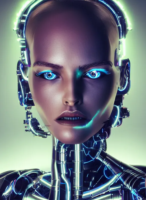 Image similar to photorealistic detailed full body picture of a female cyborg, pretty face with arms and legs, glamour pose, long hair, neon lights, humanoid, extreme, uhdr, book called the most influental cyborg in 2 0 5 0, fine details, highly detailed, intricate, smooth sharp focus, symmetrical features, environmental portrait