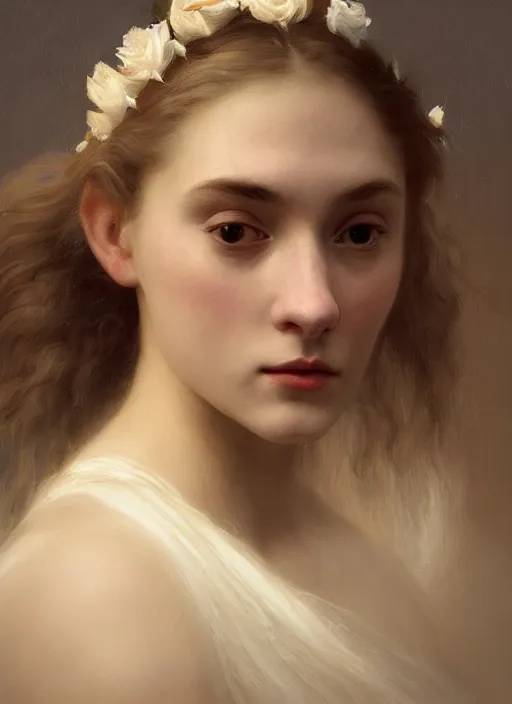 Image similar to oil painting close up portrait of a contemplative young norwegian woman with very long dark flowing hair in a dress made of white roses!! at sunset, hazy, digital art, chiaroscuro, artstation, cinematic, golden hour, digital art painting by greg rutkowski, william - adolphe bouguereau, hazy atmosphere, cinematic lighting