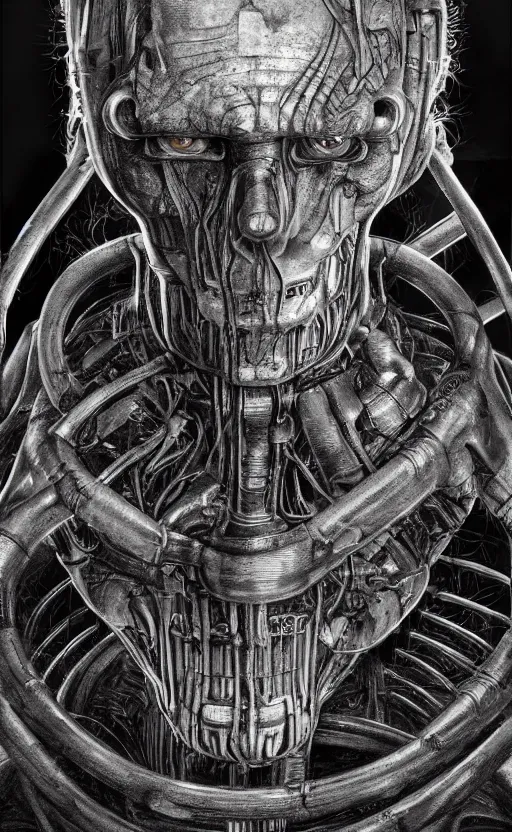 Image similar to full body portrait of t - 8 0 0 by wayne barlow, stanley donwood, anton semenov, zdzislaw bekinski, hr giger, 8 k, fantasy, dark, highly detailed