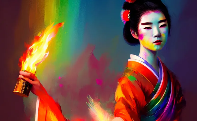 Image similar to female geisha girl holding a flame of rainbow, beautiful face, colourful, rule of thirds, thousands of colors, intricate outfit, spotlight, by greg rutkowski, by jeremy mann, digital painting