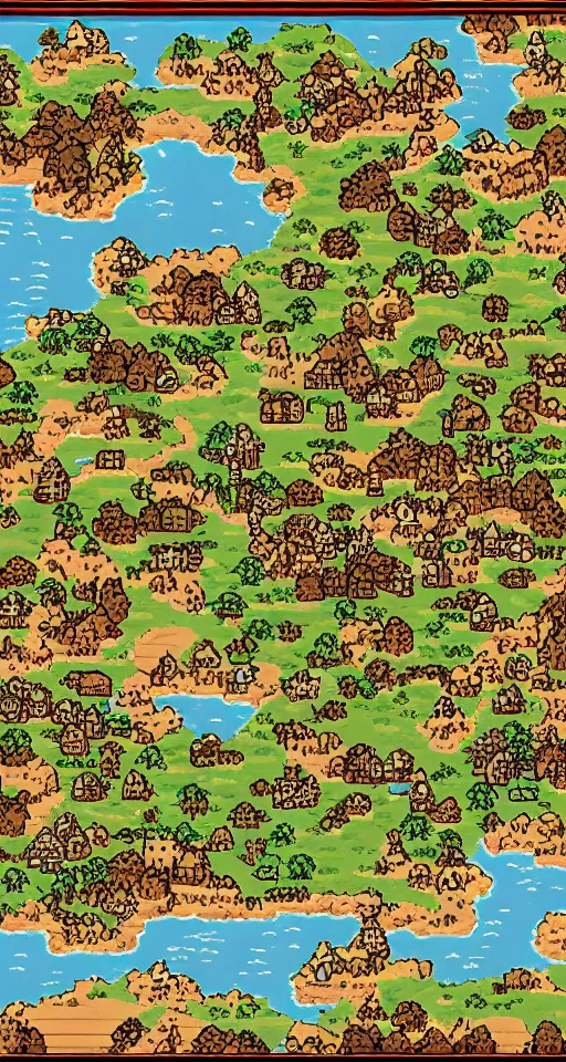 Image similar to overworld map, vintage pixel game, with cities and regions