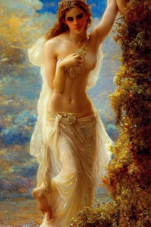 Prompt: portrait of emma watson as the goddess aphrodite. art by gaston bussiere.