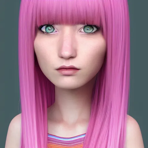 Image similar to A portrait of a 3d cgi toon young woman with long pink hair, full bangs, amber eyes, pale skin, Chinese, medium shot, mid-shot, soft focus, 4k, trending on artstation