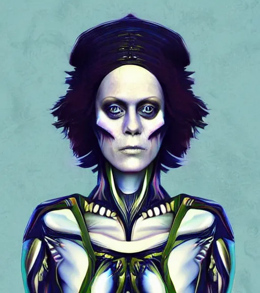 Image similar to beautiful female character inspired by venice carnival and pop art sigourney weaver ellen ripley | | digital artwork made by greg rutswork, anna dittmann and lois van barlee, symmetrical, anatomically correct