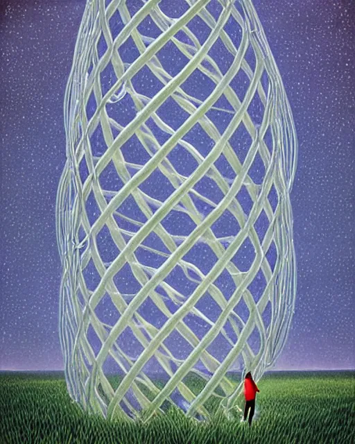 Image similar to in a field, two scientists in lab coats encounter a monster shaped like the DNA double helix, stormy weather, by Rob Gonsalves, dark