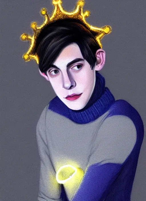 Image similar to portrait of teenage jughead jones wearing a light grey crown, crown, blue turtleneck, 1 9 5 0 s, closed eyes, photorealistic, black hair, glowing lighting, intricate, elegant, glowing lights, highly detailed, digital painting, artstation, concept art, smooth, sharp focus, illustration, art by wlop, mars ravelo and greg rutkowski