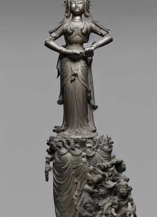 Image similar to a art deco sculpture statue of full body guanyin, intricate complexity,, statue by jane hamilton, ruan jia, character concept, radiant light,, frostbite 3 engine, cryengine, dof, trending on artstation, digital art, fantasy detailed abackground