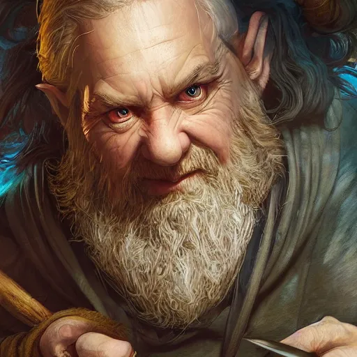 Image similar to masterpiece portrait of a big nosed RPG hobbit gnome, D&D, fantasy, highly detailed, digital painting, sharp focus, illustration, art by artgerm and Edmiston and greg rutkowski and magali villeneuve
