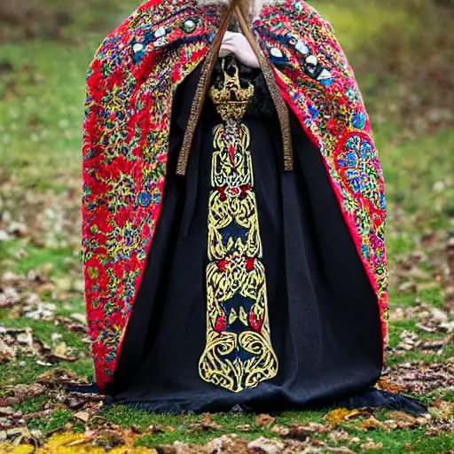 Image similar to photo of a real! beautiful nordic queen with ornate crown and cloak