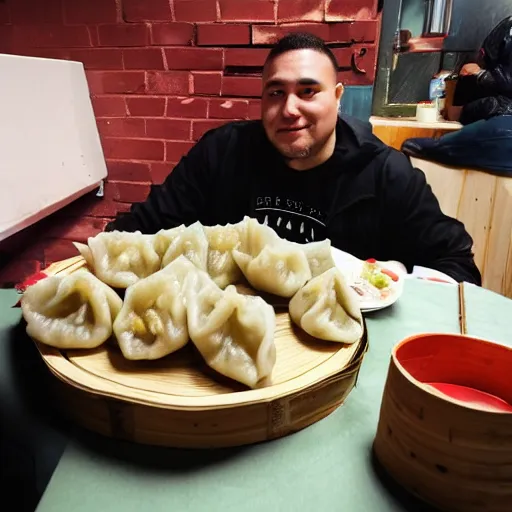 Image similar to Big Floppa eats dumplings