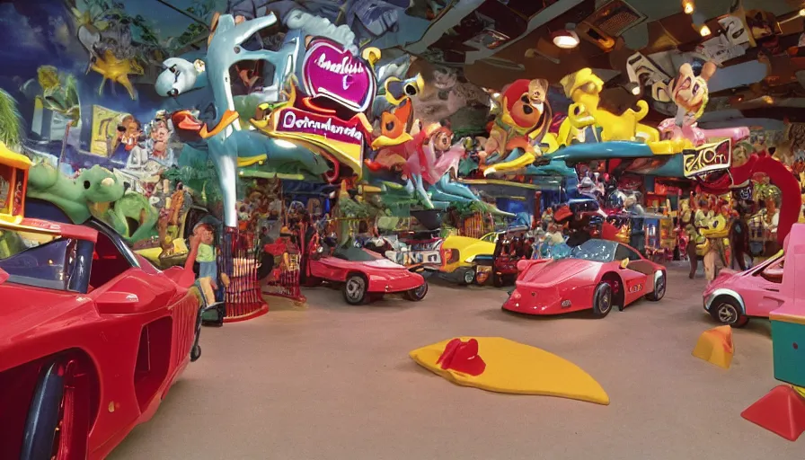 Prompt: 1990s photo of inside the Beanie Baby ride at Universal Studios in Orlando, Florida, children riding in Lamborghini through Beanie Baby Masion, cinematic, UHD