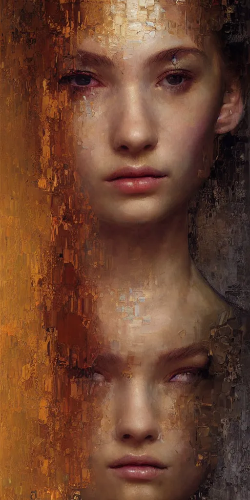 Image similar to an intricate portrait painting of an artistic pose young beautiful ballerina, klimt golden motives and textures, hyper - detailed, octane render, vivid colors, artstation, by jeremy mann, by gustav klimt