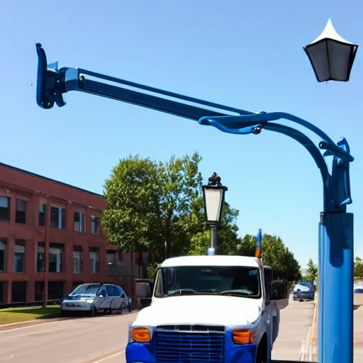 Image similar to blue truck dangling from atop a street light pole