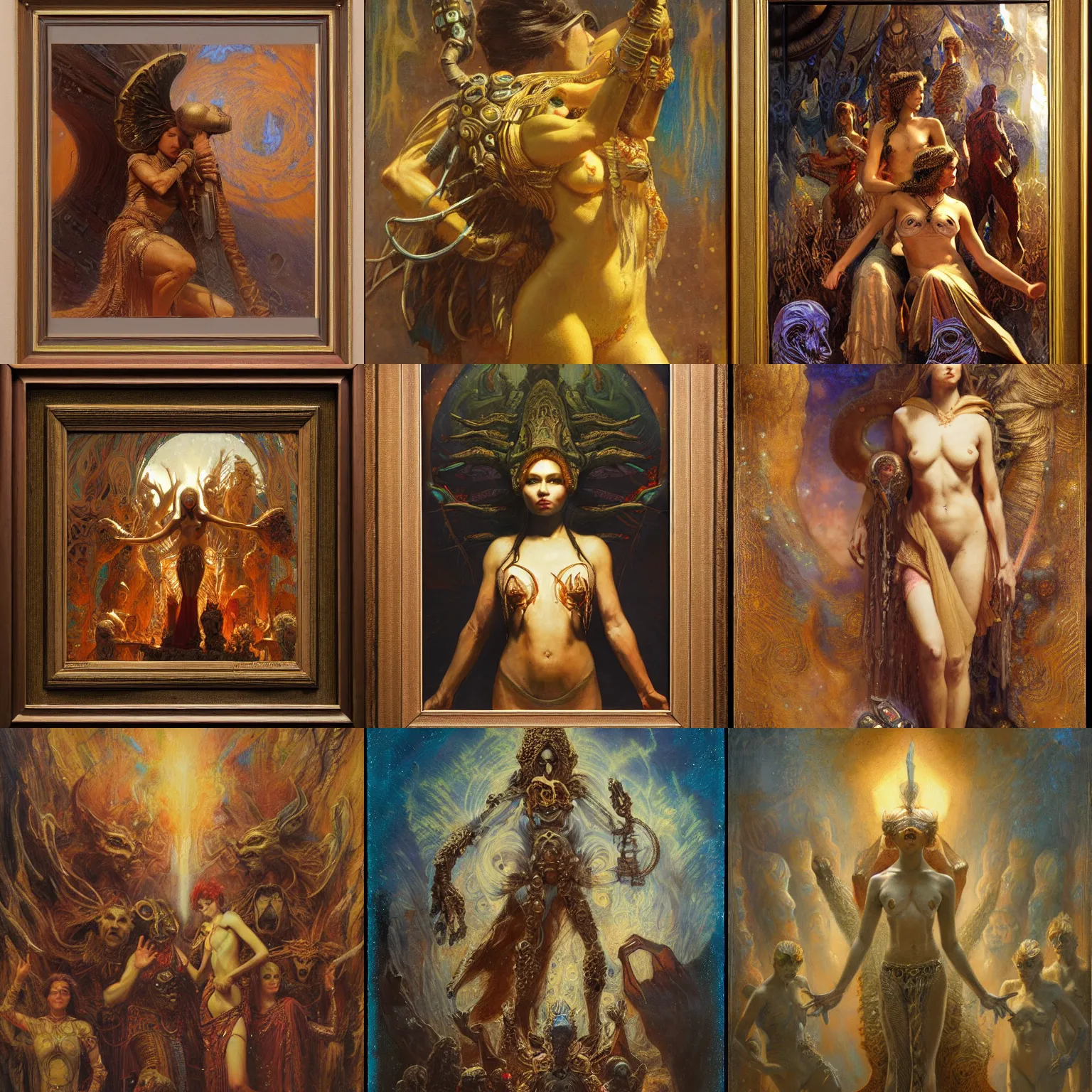 Prompt: ephemeral piece titled we bow before this alien god, female, highly detailed oil on watercolor wood block print by gaston bussiere, craig mullins, j. c. leyendecker 8 k