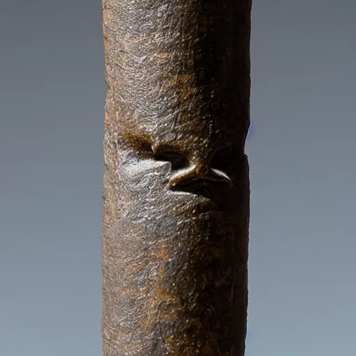 Image similar to Bronze 1500BCE Canaanite pole with serpent carving at the top. 40mm lens, shallow depth of field, split lighting