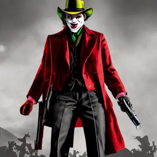 Image similar to The Joker in Red Dead Redemption 2, 4K, detailed