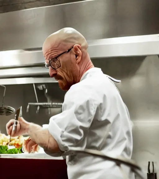Prompt: film still of walter white cooking delicious food inside a professional restaurant kitchen in the tv show breaking bad, full-shot, 4k