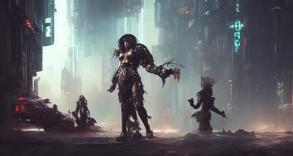 Image similar to cyberpunk gladiator, cinematic, highly detailed, octane render, cg, rich cinematic atmosphere, perfect digital art, mystical journey in strange world, Mystical, cyberpunk, tech war, sci-fi, surreal, glowing lights, sharp focus, high detailed, by Akihiko Yoshida, michael whelan and Karol Bak - H 1024