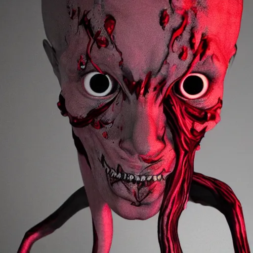 Image similar to octane render of a body horror human, sharp dark shadows, black and red color palette by trevor henderson and junji ito