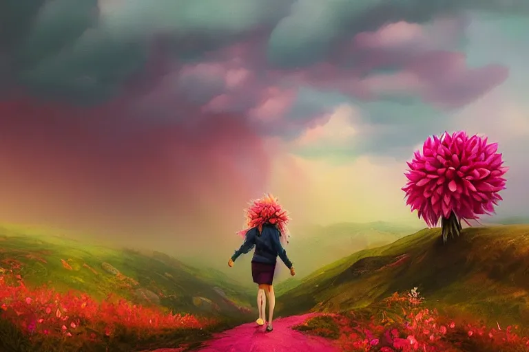 Image similar to giant dahlia flower head, girl walking on mountain, surreal photography, pink storm clouds, dramatic light, impressionist painting, digital painting, artstation, simon stalenhag