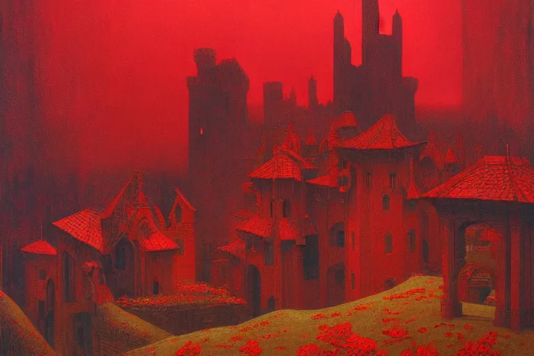 Image similar to only with red, red flowers of different types, red castle in background, red medieval goblins, in the style of beksinski, parts by edward hopper, parts by rodcenko, parts by yue minjun, intricate and epic composition, red by caravaggio, insanely quality, highly detailed, masterpiece, red light, artstation, 4 k